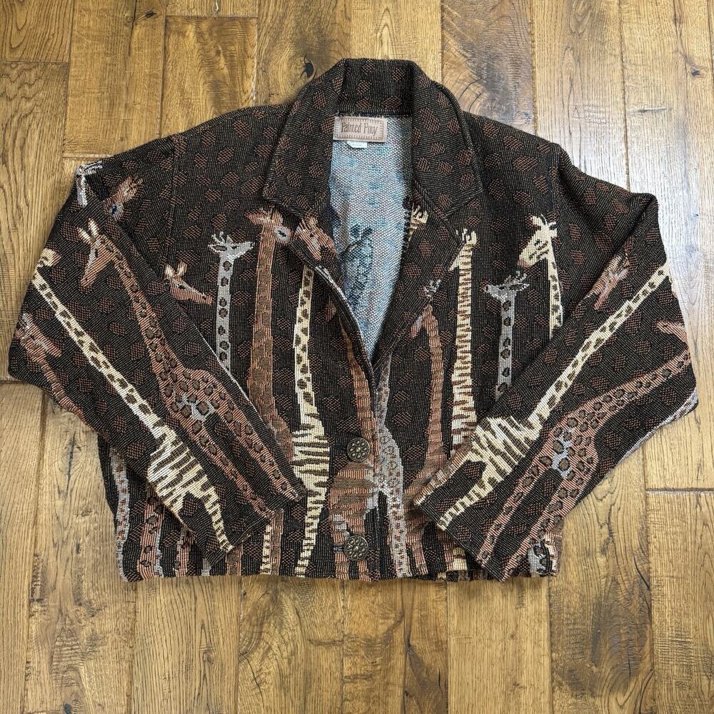 Vintage Painted Pony Jacket Sz M Sweater Tapestry Giraffes Crop Safari Jungle